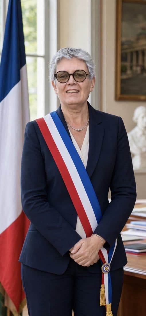 Anne Bouzat, maire de Vézac, portant l'écharpe tricolore dans son bureau